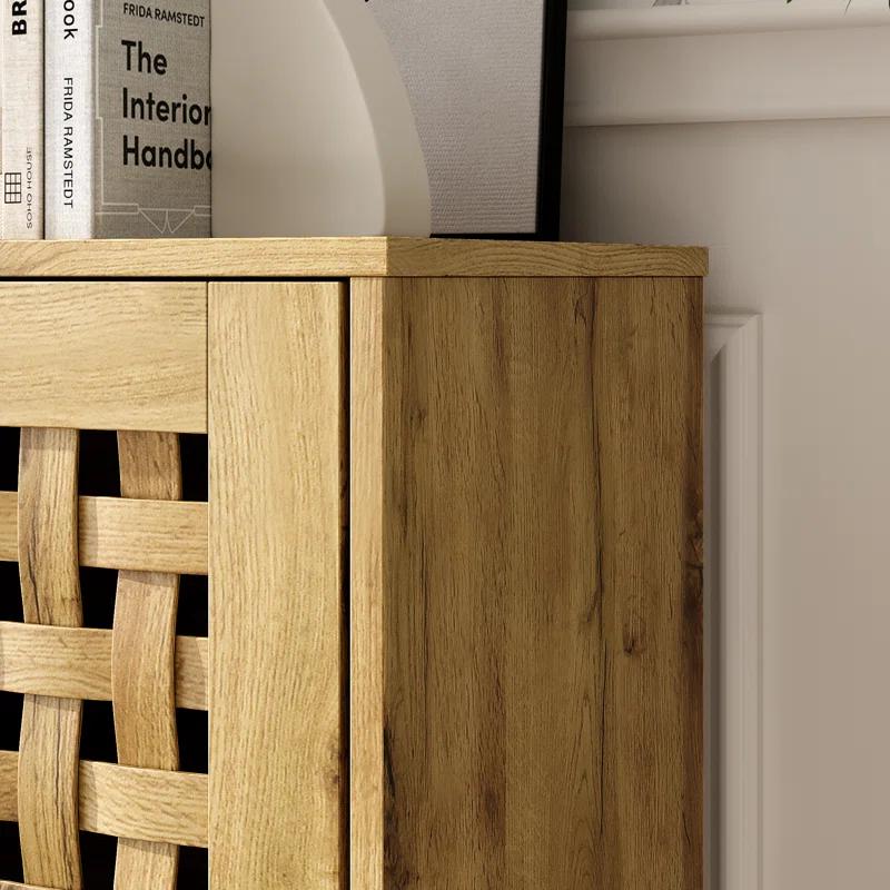 Vintage Storage Cabinet With 2 Basket Weave Wooden Doors