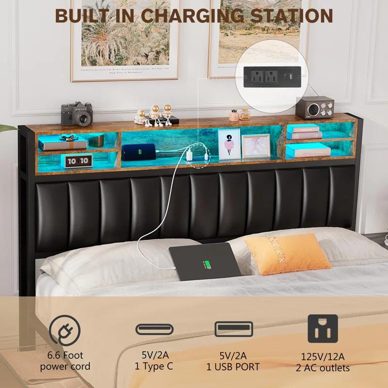 Ivy Bronx Kanchi Upholstered Metal Platform LED Bed Frame with 4 Storage Drawers and Bookcase Headboard, Black