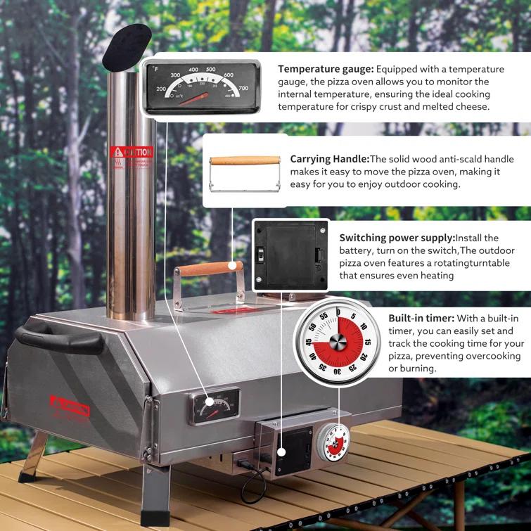 Mocoloo Automatic Outdoor Pizza Oven Portable Wood Fired Pizza Maker with Timer and Built-in Thermometer