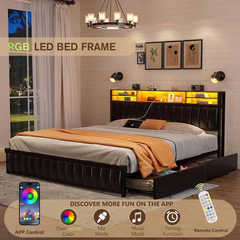 Kanchi Upholstered Metal Platform LED Bed Frame with 4 Storage Drawers and Bookcase Headboard, Black