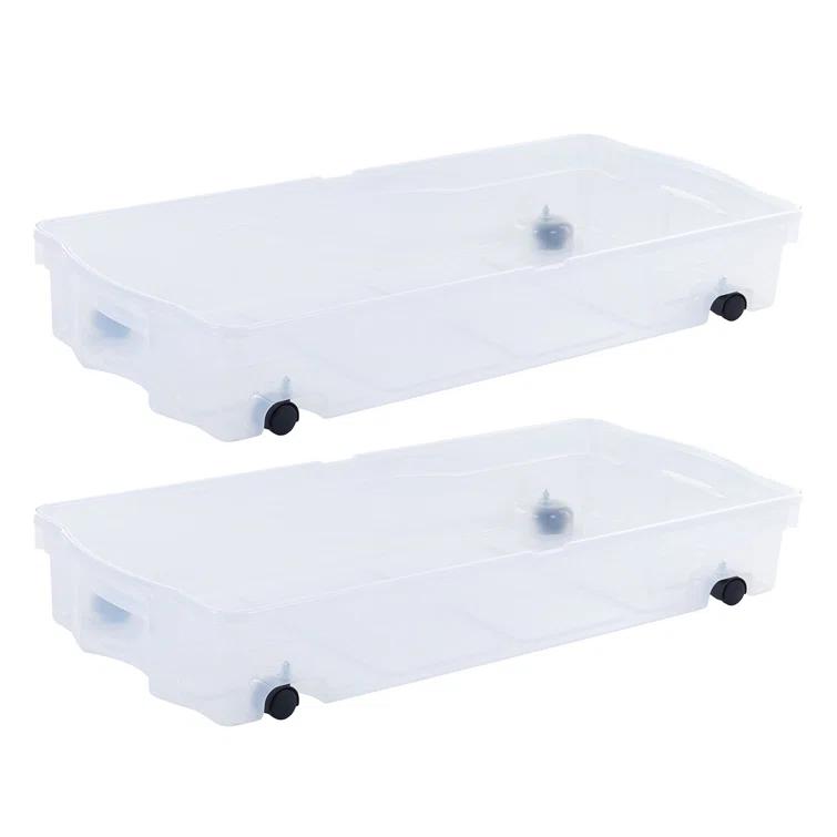 Rubbermaid Under Bed Wheeled Storage Box, 2-Pack, Plastic Containers With Dual-Hinged Lids And Sturdy Wheels, Visible Organization For Tight Spaces