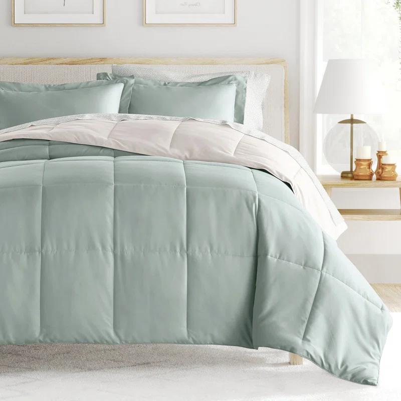 IEnjoy Home 7-Piece Reversible Bedding Bundle - Solid Comforter and Patterned Sheet Set