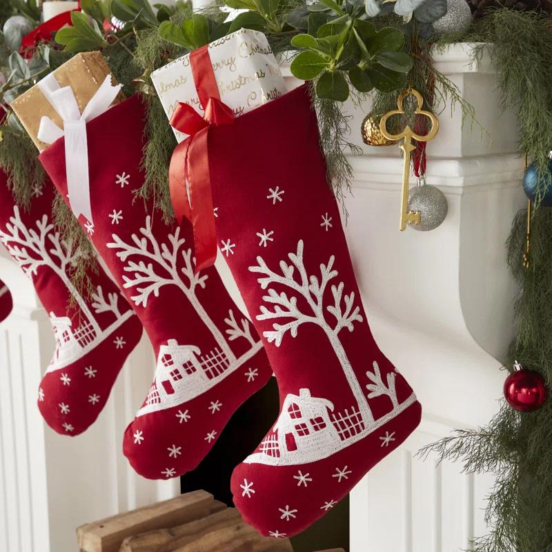 Arcadia Home Handmade Christmas Stocking - Snowy Village Embroidered Scene on Red