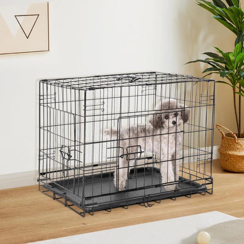 Ebern Designs Medium Dog Crate With Divider Panel, 30 Inch Double Door Folding Metal Wire Dog Cage With Plastic Leak-Proof Pan Tray, Pet Kennel For Indoor, Outdoor, Travel