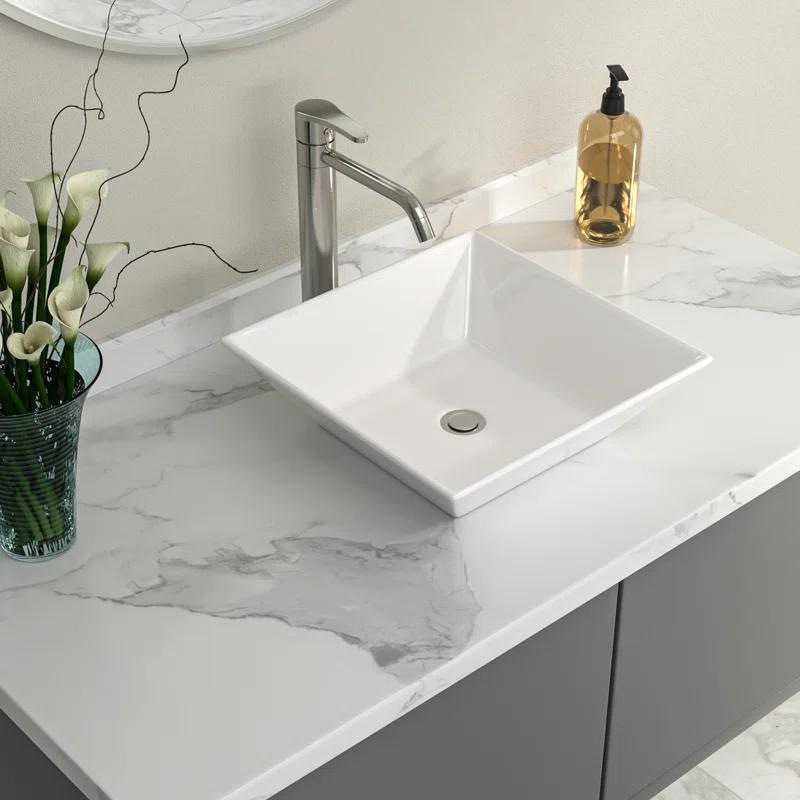Logmey 16" L x 16" W White Ceramic Vessel Sink Square Above Counter Bathroom Sink Bathroom Vessel Sink LMP18002-1