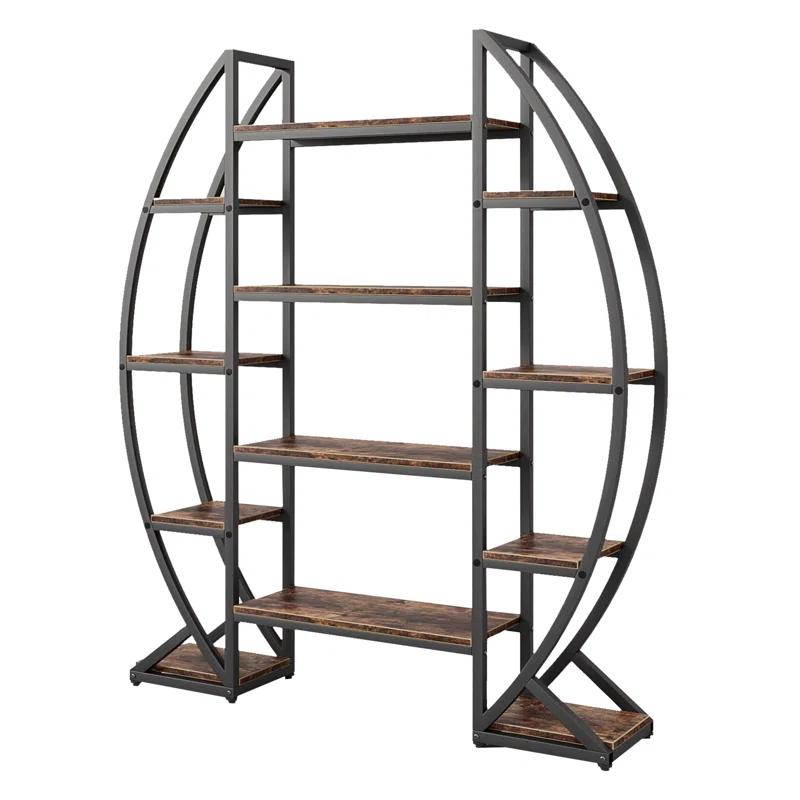 Benjara Oval Bookshelf, 12 Brown Wood Shelves, 5 Tier Black Frame, 69 Inch