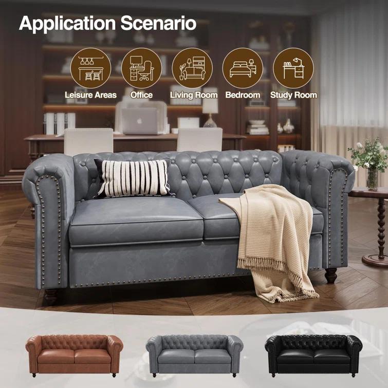 Alcott Hill® 72 Inch Couch Chesterfield Leather Sofa With Wooden Legs