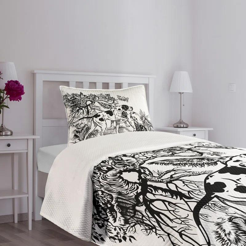 Ambesonne Ambesonne Hunting Bedspread Dogs in Forest Black White