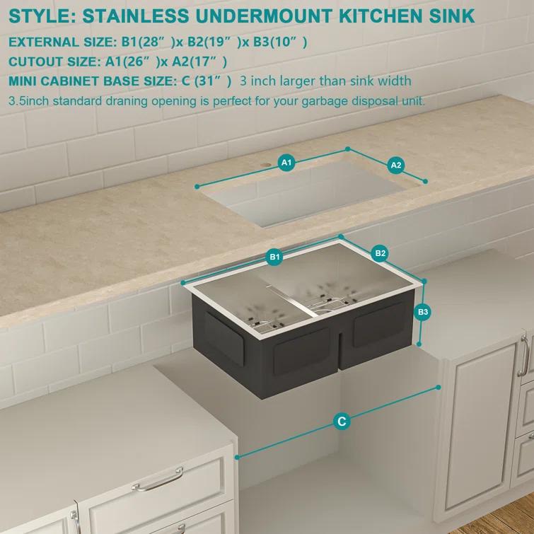 Lordear 28" L x 19" W Undermount Double Bowl 50/50 Kitchen Sink Double Basin 16 Gauge Stainless Steel Sink L28UKS255
