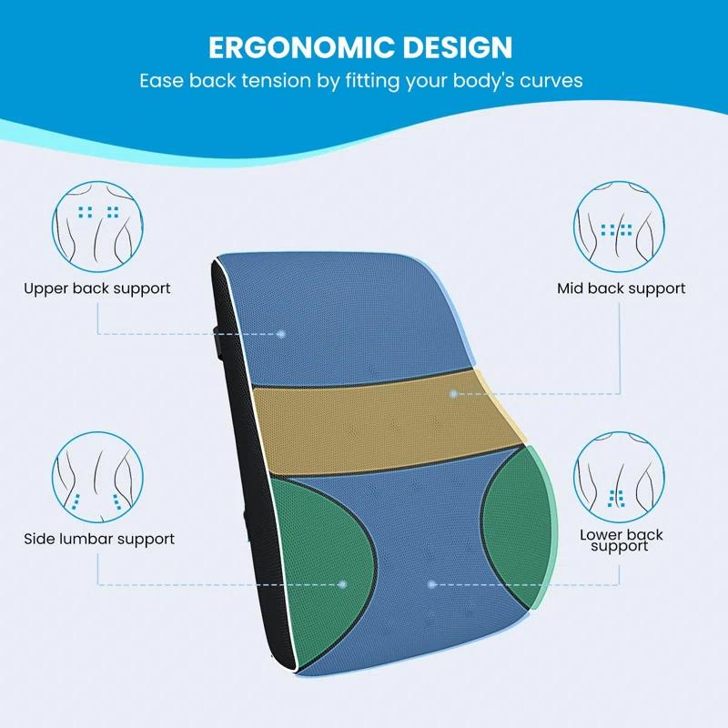 NATIONAL WINDOW Lumbar Support Pillow For Office Chair, Back Support Pillow For Car, Computer, Gaming Chair, Memory Foam Cushion, Relieve Back Pain, Improve Posture, Mesh Cover, Double Adjustable Straps