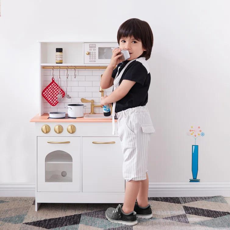 Teamson Kids Little Chef Boston Wooden Pretend Play Kitchen Set with Oven, Microwave and Acessory Set