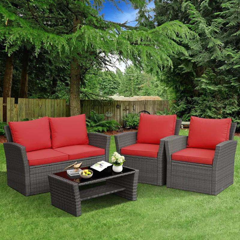 4 Piece Rattan Sofa Seating Group with Cushions