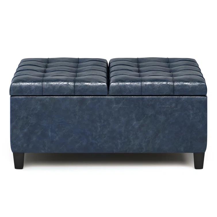 Simpli Home Harrison 36"W Upholstered Square Coffee Table Storage Ottoman with Split Lift Top