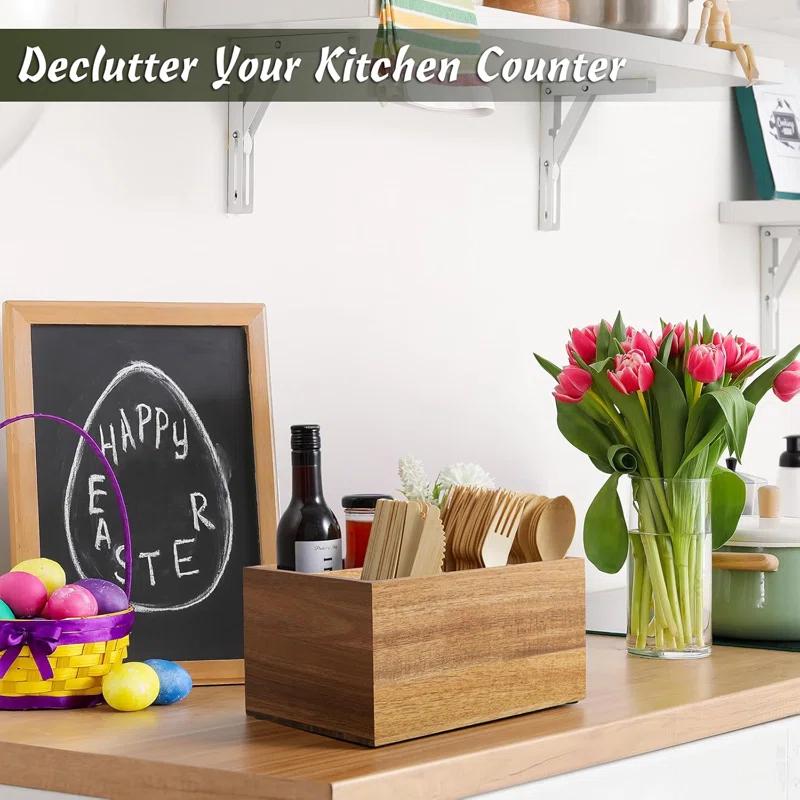 Loon Peak® Utensil Caddy, Silverware Caddy For Party, Acacia Wood Silverware Holder, Silverware Organizer Countertop, Cutlery Storage Containers For Kitchen Table