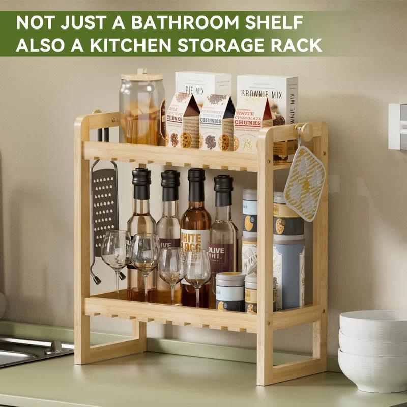 Ebern Designs Bamboo 2 In 1 Dual Stable Bathroom Over Toilet 2 Tier Storage Rack, Natural
