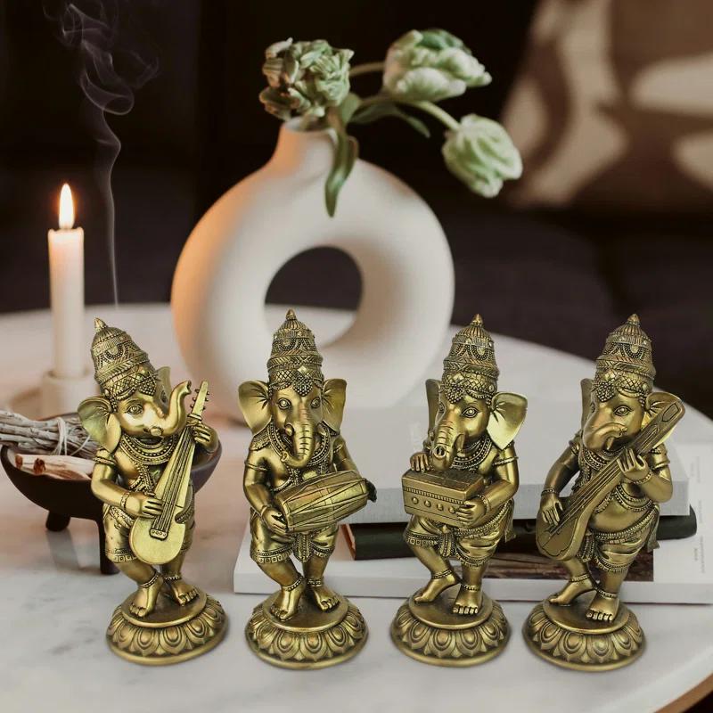Design Toscano Hindu Gods Lord Ganesha Musical Elephant 4 Piece Figurine Set