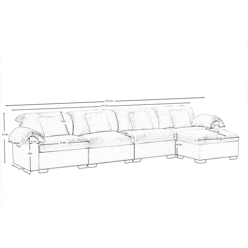 Mercer41 Extra Large And Long Oversized Sofa , L Shaped Sectional Cloud Couch With Fluffy Amrest Pillows, Sectional Cocuh With Storage Seats And Storage Ottomans, 4 Seater Deep Seat Modular Sectional Couch