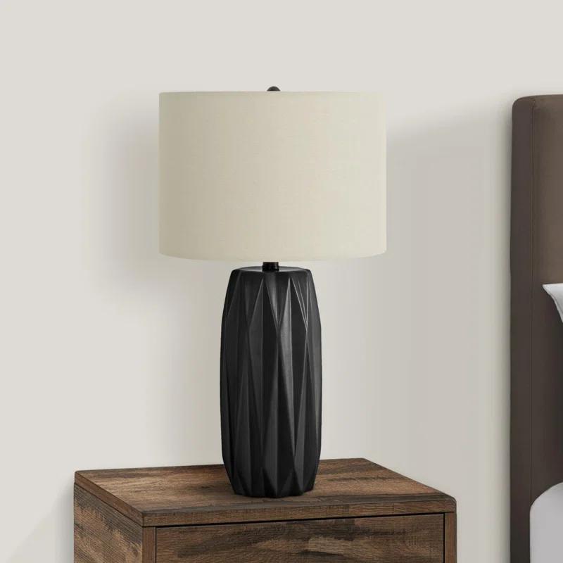 Benjara Table Lamp, 25 Inch Black Textured Ceramic Base, Ivory Fabric Shade