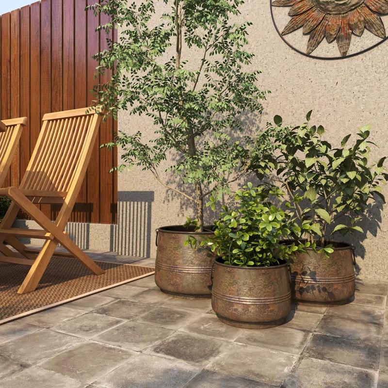 Gracie Oaks Cowden 3 Piece Metal Distressed Bucket Style Indoor Outdoor Bronze Planter with Side Ring Handles Set