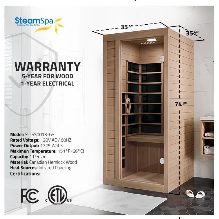 Steam Spa 1 Person Indoor Sauna Room: Hemlock Wooden Spa With Bluetooth Speaker, FM, And Touch Control Panel