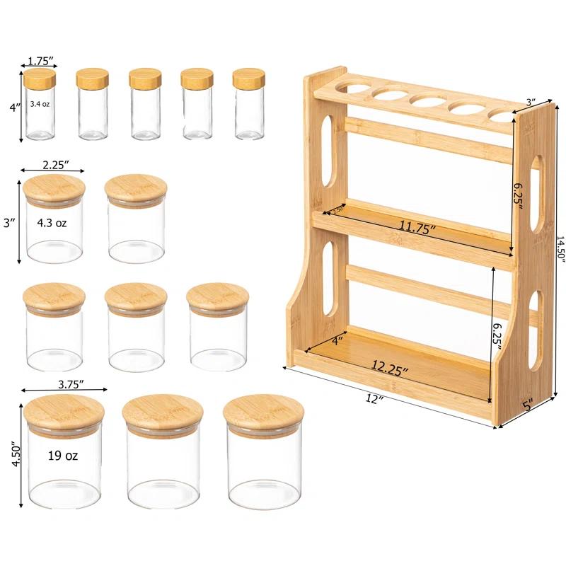 Basicwise Basicwise Versatile 3-tier Bamboo Spice Rack And Pantry Organizer With 13 Glass Jars – Perfect For Countertop Storage In Kitchens To Keep  Seasoning Containers Neatly Displayed And Easily Accessible