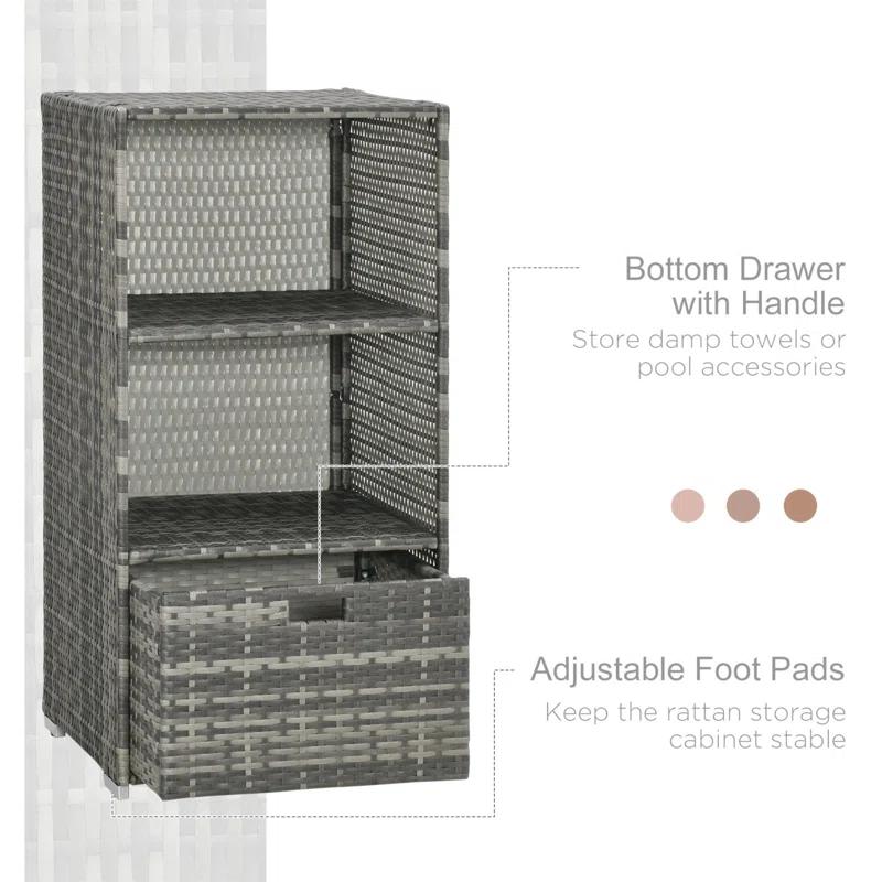 Tryimagine Outsunny Valet Pool Towel Rack, Waterproof PE Plastic Rattan Wicker Storage Organizer, Indoor Outdoor Spa, And Hot Tub Accessory Storage, 2 Shelves, 1 Basket Drawer