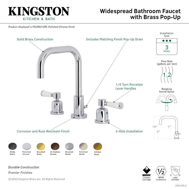 Kingston Brass FSC8938DPL Kingston Brass Two-Handle 3-Hole Deck Mount Widespread Bathroom Faucet with Brass Pop-Up Drain