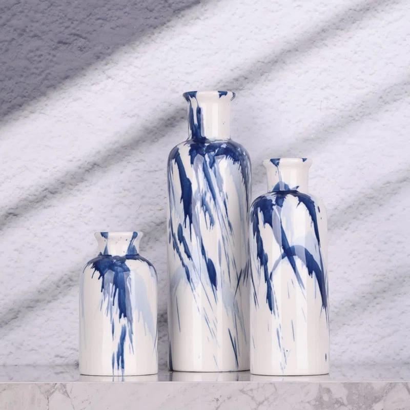 Orren Ellis Blue Ceramic Vase Set Of 3 - Decorative Navy Blue And White Vase For Centerpieces, Farmhouse And Home Decor - Ideal For Living Room, Kitchen, Bedroom, Dining Table And Office Decor