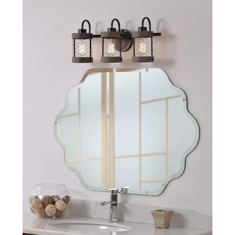 Co-t Kenroy Home Industrial Farmhouse 3-Light Bath Vanity Fixture With Chicken Wire Mesh Shades & Distressed Wood Accents