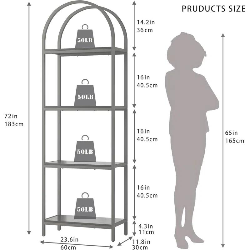 17 Stories Bookshelf Arched Bookcase, Industrial 4-Tier Open Book Shelves with Metal Frame, 72" Tall Bookcase
