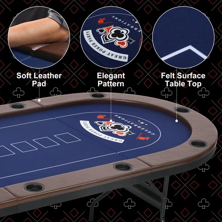 RayChee Poker Table 84'' 10-Player Foldable Poker Table, Portable Casino Leisure Texas Holdem Table with Padded Rails and Cup Holders