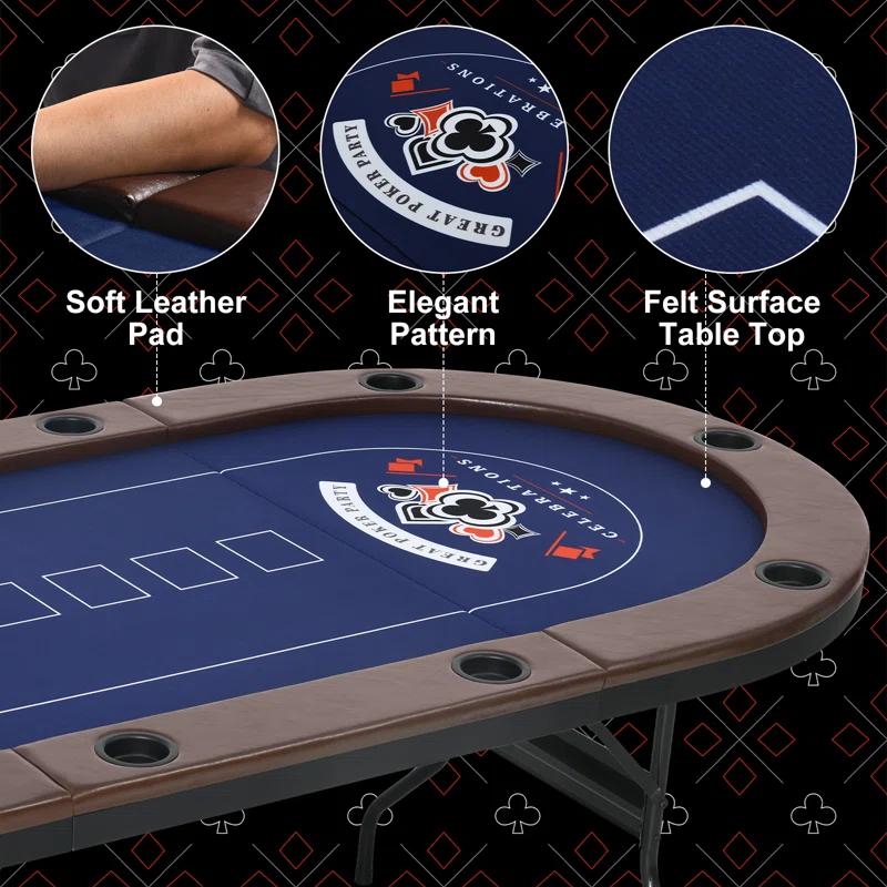 RayChee Poker Table 84'' 10-Player Foldable Poker Table, Portable Casino Leisure Texas Holdem Table with Padded Rails and Cup Holders