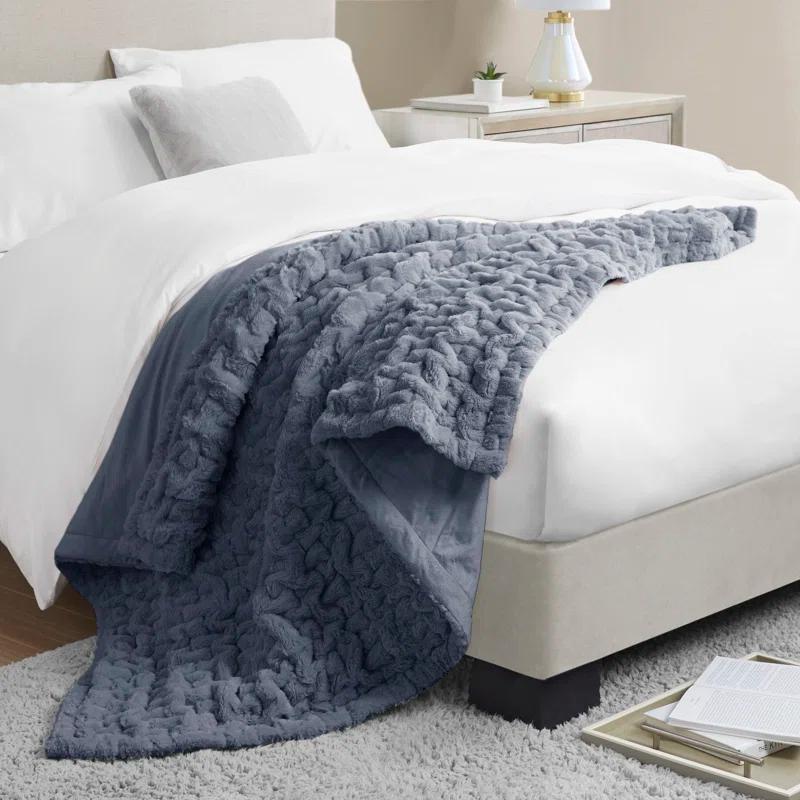 Madison Park Slate Blue Ruched Fur Throw 50x60"