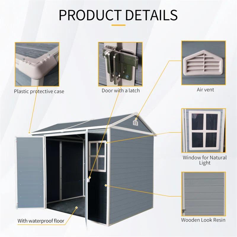 Tryimagine 8 X 6 Ft Resin Outdoor Storage Shed Waterproof Shed With Floor & Two Windows & Lockable Door, Tool Shed For Garden, Patio, Backyard
