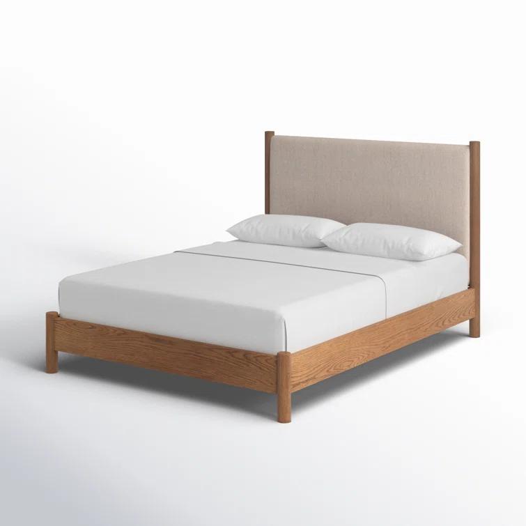 Queen Oak Upholstered Headboard Bed with Slats