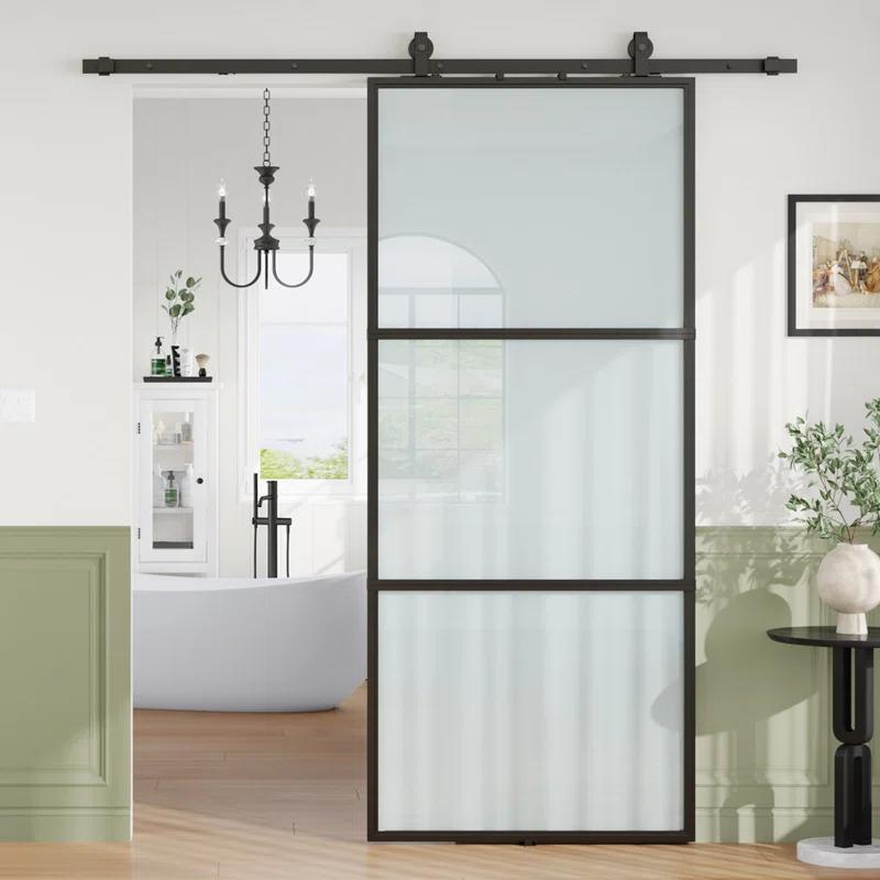 Metal and Glass Sliding Barn Door with Installation Hardware Kit ( Soft-close Included)