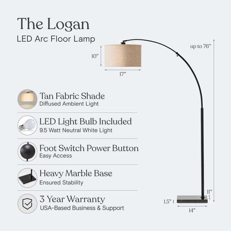 Brightech Logan 76 in. Adjustable and Extendable LED Arched Gold Floor Lamp with Weighted Marble Base - LED Bulb Included