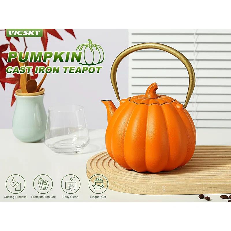 Ophelia & Co. Orange Pumpkin Cast Iron Teapot, Natural Pumpkin Color, Japanese Cast Iron Tea Kettle Stovetop Safe With Infuser, Creative Pumpkin Halloween Teapot(40Oz/1200Ml, Orange)