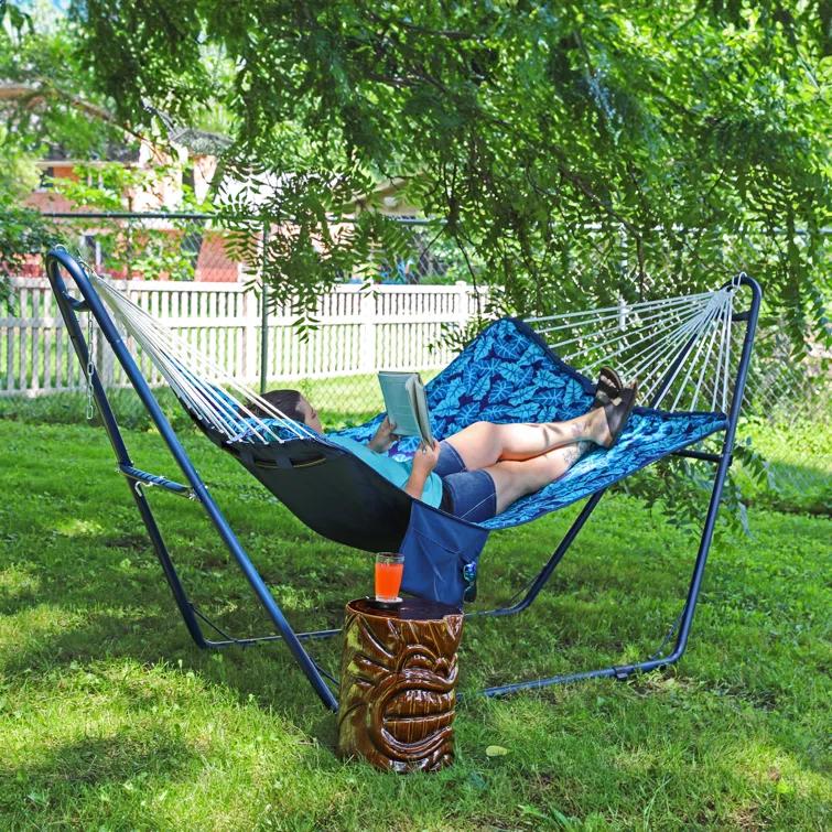 Arlmont & Co. Peria Quilted Polyester Curved Metal Spreader Bar Hammock with Pillow - Tropical Palms