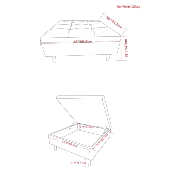 Simpli Home Shay 38"W Upholstered Square Coffee Table Storage Ottoman with Lift Top and Tufted Detail