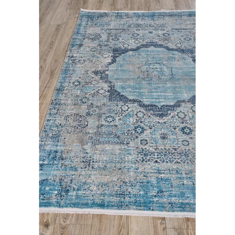 EXQUISITE RUGS Exquisite Rugs Palace Power Loom/Hand-Finished Acrylic/Viscose Ivory/Blue Area Rug