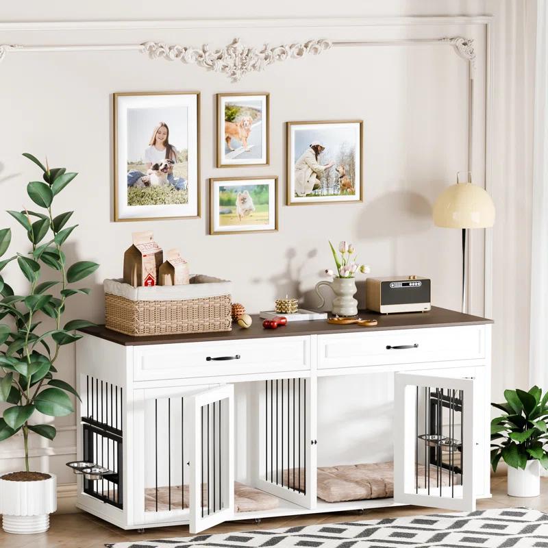 Tucker Murphy Pet™ 71" Large Dog Crate Furniture Style W/2 Drawers  & Reversible Food Bowls, 8 360° Lockable Wheels