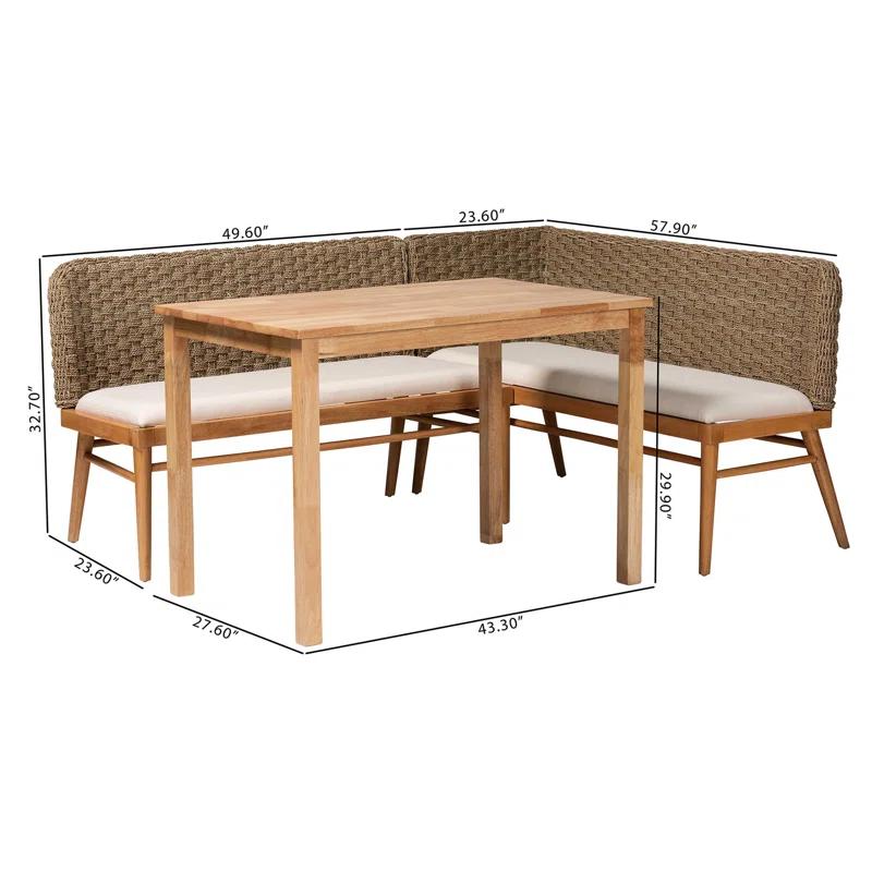 Highland Dunes Aafrin Bali & Pari Denver Modern Bohemian Natural Seagrass And Acacia Wood 3-Piece Dining Nook Set