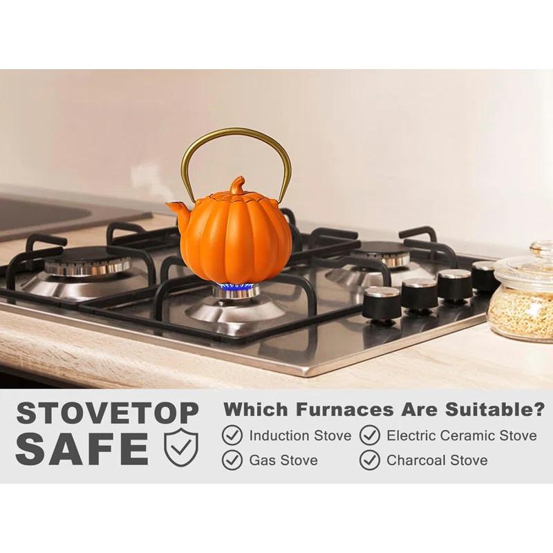 Ophelia & Co. Orange Pumpkin Cast Iron Teapot, Natural Pumpkin Color, Japanese Cast Iron Tea Kettle Stovetop Safe With Infuser, Creative Pumpkin Halloween Teapot(40Oz/1200Ml, Orange)