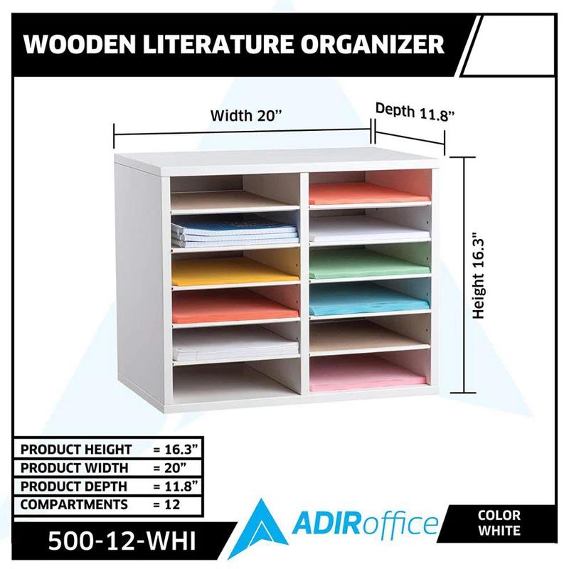AdirOffice Wood Adjustable 12 Compartment Literature Organizer Mailroom Organizer
