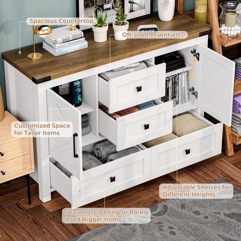 Gracie Oaks Farmhouse Dresser For Bedroom With 4 Drawers And 2 Barn Doors, Wood Chest Of Drawers 47 Inch Wide, Large, Long, Adjustable Shelves, 5 Legs, Living Dining Room, Entryway, Hallway