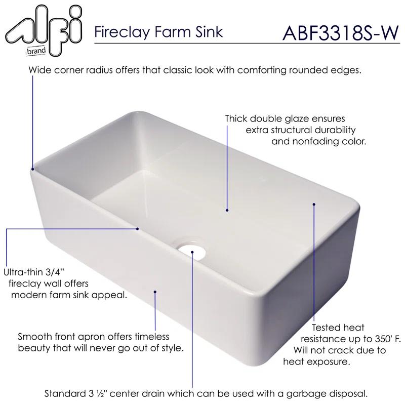Alfi Brand 33'' L Farmhouse / Apron Single Bowl Fireclay Kitchen Sink ABF3318S-W