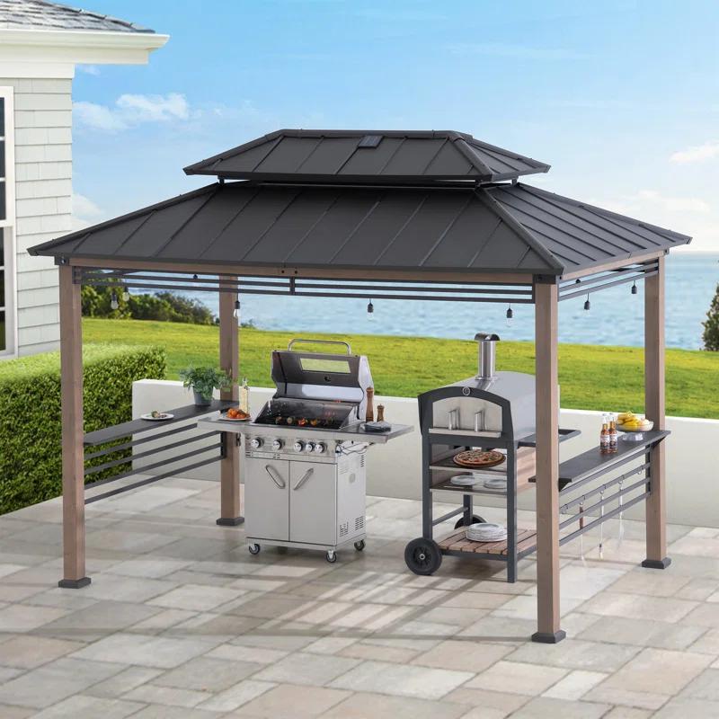 Sunjoy Sunjoy Wooden Grill Gazebo with AC Power Port, 8 x 12 ft. Steel Hardtop Outdoor Gazebo for Year-Round Grilling, Cedar Framed Gazebo with Built-in Electrical Outlets and Decorative Fence
