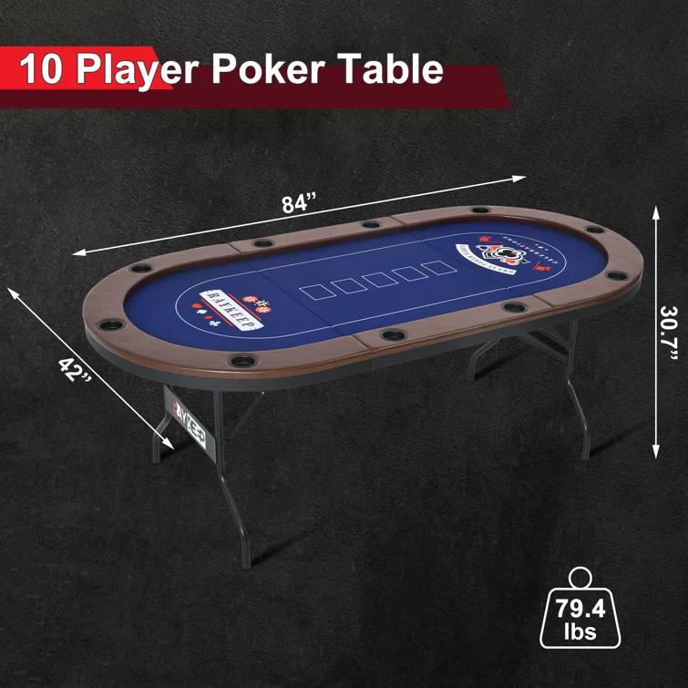 RayChee Poker Table 84'' 10-Player Foldable Poker Table, Portable Casino Leisure Texas Holdem Table with Padded Rails and Cup Holders