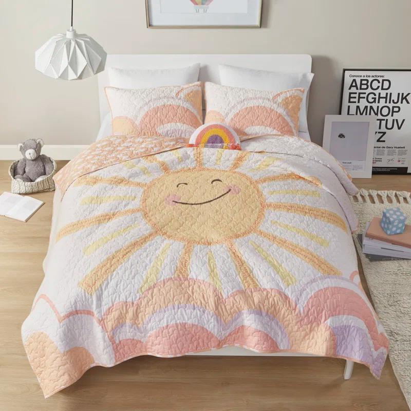Intelligent Design Kids Dawn Sunshine Clouds Yellow/Coral 100% Cotton Reversible Quilt Set Twin